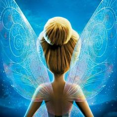 the tinkerbell fairy is standing in front of a blue sky with swirls