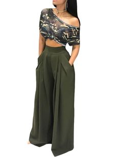 Army Green Pocketed Wide Leg Casual Pants High Waisted Flowy Pants, Bnha Hero Costumes, Wide Leg Pants Outfits, Tie Dye Blouse, Leg Pants Outfit, Wide Leg Palazzo Pants, Hero Costumes, Casual Wide Leg Pants, Pants Skirt