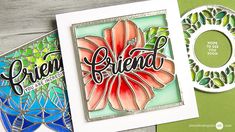 three cards with different designs on them and one has a flower in the middle that says friend