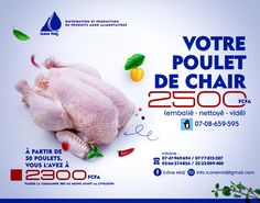 an advertisement for a chicken sitting on top of a white tablecloth with fruit and vegetables around it