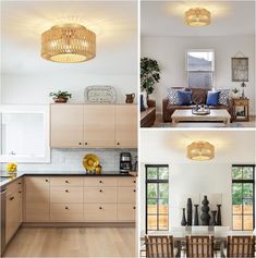 four different views of a kitchen and living room