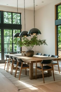 a dining room table with chairs and a plant in the center surrounded by large windows