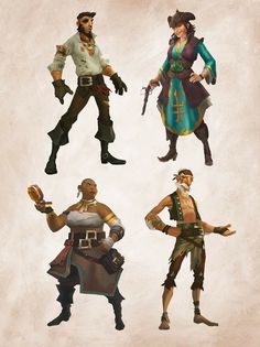 four different types of people in pirate costumes