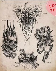 an old school tattoo design with skulls, bones and other things on it's back