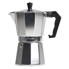 a stainless steel coffee pot with handle