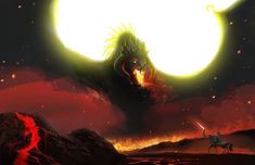 an image of a dragon attacking a man on a horse in front of a full moon