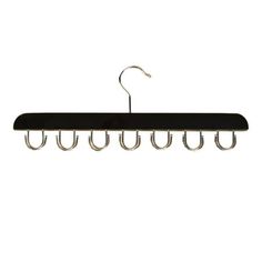 a black hanger with five hooks hanging from it's side on a white background