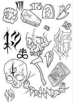 a bunch of different tattoos on a white background with the word's and symbols