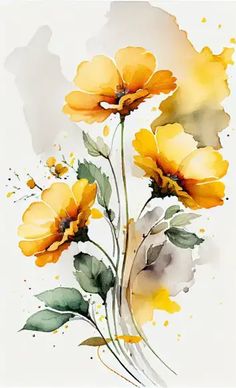 watercolor painting of yellow flowers with green leaves