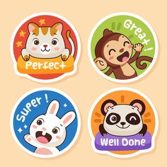 four stickers with animals on them and the words'super - cute ','well done '