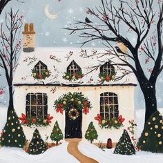 a painting of a house decorated for christmas