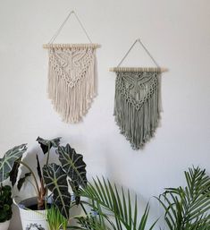 two macrame wall hangings with plants and potted plants in the corner