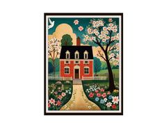 a painting of a red house with trees and flowers