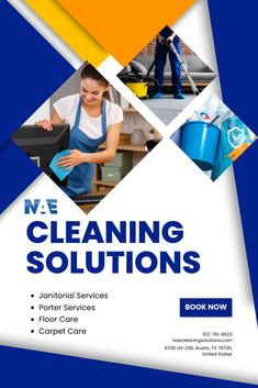 the flyer for cleaning services is shown in blue and yellow colors, with two images of people