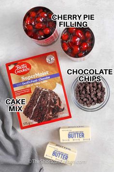 chocolate cake mix ingredients for cherry pie fillings, including milk and candy bars with text overlay