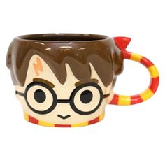 a harry potter mug with glasses and lightning bolt on it's face, sitting in front of a white background