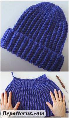 two pictures showing how to make a knitted beanie