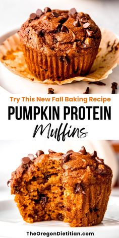 pumpkin protein muffins with chocolate chips on top and the words, try this new baking recipe