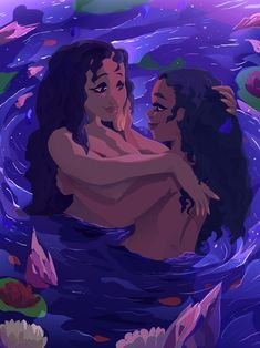 two women in the water with their backs to each other, one is hugging her chest