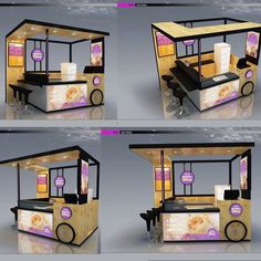 four different views of an ice cream cart with wheels and lights on the front, side, and back sides