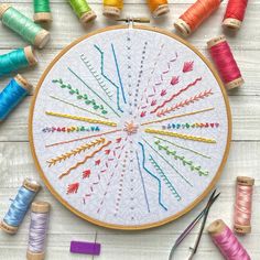 an embroidery project with different colored threads and spools