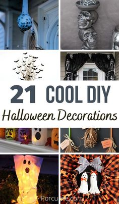 collage of halloween decorations with text overlay that reads 21 cool diy halloween decorations