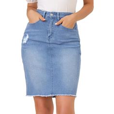 Treat yourself to the classic feel in this denim skirt with a raw hem, distressed and washed details.With slim fit and pencil style details, this above-length skirt features classic four pockets, frayed hem, comfy fabric, and raw cut for your cutePerfectly pair with your simple dots t-shirt and sandals to complete your fashion look. Size: x-small. Color: sky blue. Gender: female. Age Group: adult. Pattern: Solid. Material: Cotton. Knee Length Jean Skirt Outfits, Knee Length Jean Skirts, Jean Skirt Outfits, Denim Skirt Outfits, Jeans Skirt, Jeans Material, Womens Basic, Chic Woman, Knee Length Skirt