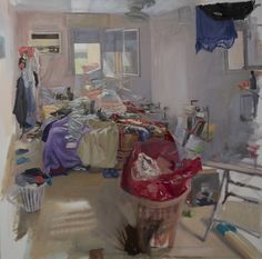 a painting of a messy room with clothes on the floor