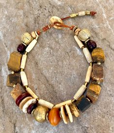 Bohemian Choker Necklace Chunky Tiger's Eye Stone, Copal, African Brass Beads Bohemian Choker Necklace, Bohemian Chic Jewelry, African Brass Beads, Artisan Jewelry Necklaces, Talisman Jewelry, Boho Chic Necklace, African Necklace, Chic Necklace, Carved Bone