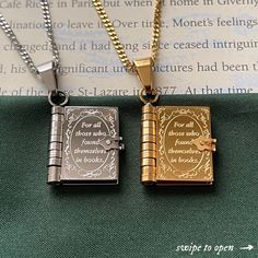 Book Lovers Necklace Book Pendant, Book Necklace, Lovers Necklace, Magical Jewelry, Charm Necklaces, Engraved Necklace, Fantasy Jewelry, Dream Jewelry, Chain Pendant