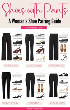 Making sure you wear the best shoes with your pants can be tricky, considering how many styles of dress pants exist for women!  Not only that, but many different length and widths are in styles, making it even more puzzling.  To look stylish and put-together, I've put together a style guide on how to wear your dress pants with the right shoes–both heeled and flat–with pointers on hemlines and general outfit advice. Shoes Professional Women, Crop Pants Work Outfit, What Shoes With What Pants, Shoes With Pants Guide, Shoes For Different Pants, Flat Business Shoes Women, Styling Shoes With Outfits, Wide Leg Trouser Shoes, Tennis Shoes With Slacks Women