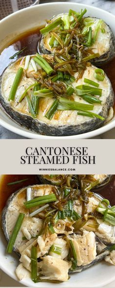 an image of some food that is in a bowl on top of a table and the words cantonese steamed fish above it