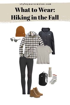 a woman wearing plaid shirt, jeans and hat with text overlay that reads what to wear hiking in the fall