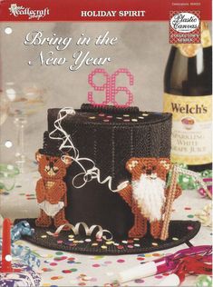 an advertisement for a new year's celebration with two bears on top of a cake