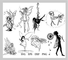 some black and white images of different fairy characters with dandelions in their hands