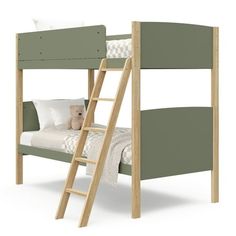 there is a bunk bed with a ladder on the bottom and a teddy bear at the top