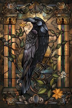 a black bird sitting on top of a stained glass window