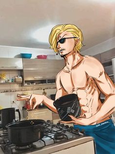 the man is cooking in the kitchen with no shirt on and his hands are out