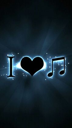 the word i love music with musical notes and a heart on it's side