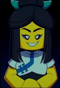 a cartoon character with horns and an evil look on her face, sitting in front of a dark background