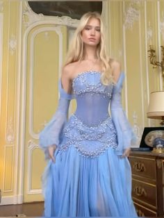 Gown With Sleeves, Blue Ball Gowns, Dress Ball Gown, Gowns With Sleeves, Ball Dresses, Blue Dress, Ball Gown, Blue Dresses, Red Carpet