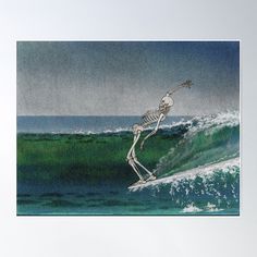 a skeleton surfer riding a wave on his surfboard in the ocean poster by corbi