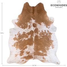 the brown and white cowhide rug is shown with measurements for each animal's skin