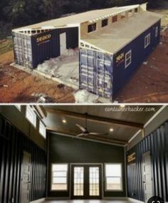 two pictures side by side with one showing the inside and outside of a shipping container