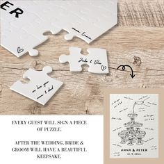 puzzle pieces with words written on them and the word, every guest will sign a piece of puzzle after their wedding, bride & groom will have a beautiful