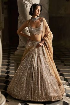 Buy Gold Net Embroidered Mirror Round Bridal Lehenga Set For Women by Seema Gujral Online at Aza Fashions. Lehenga Shoot, Tuscan Summer, Sequins Lehenga, Peach Lehenga, Mirror Work Lehenga