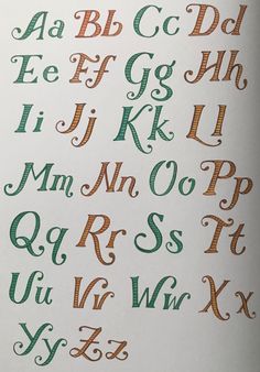 the upper and lower letters of an old english alphabet are painted in green, orange, and red