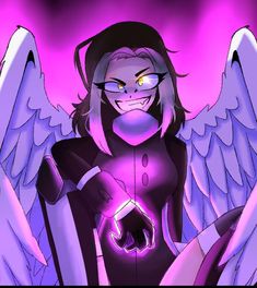 an anime character with angel wings on her chest and eyes glowing in the dark purple light