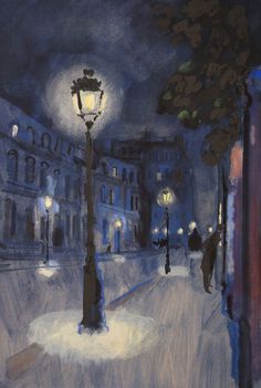 a painting of a street at night with people walking on the sidewalk and buildings in the background