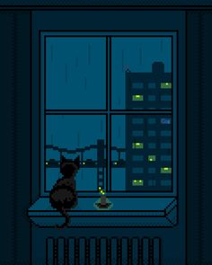 a cat sitting on a window sill in front of a night time cityscape